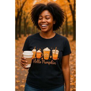 Cozy Seasonal Latte Lovers Large Pumpkin Spice Coffee Graphic Tee Black
